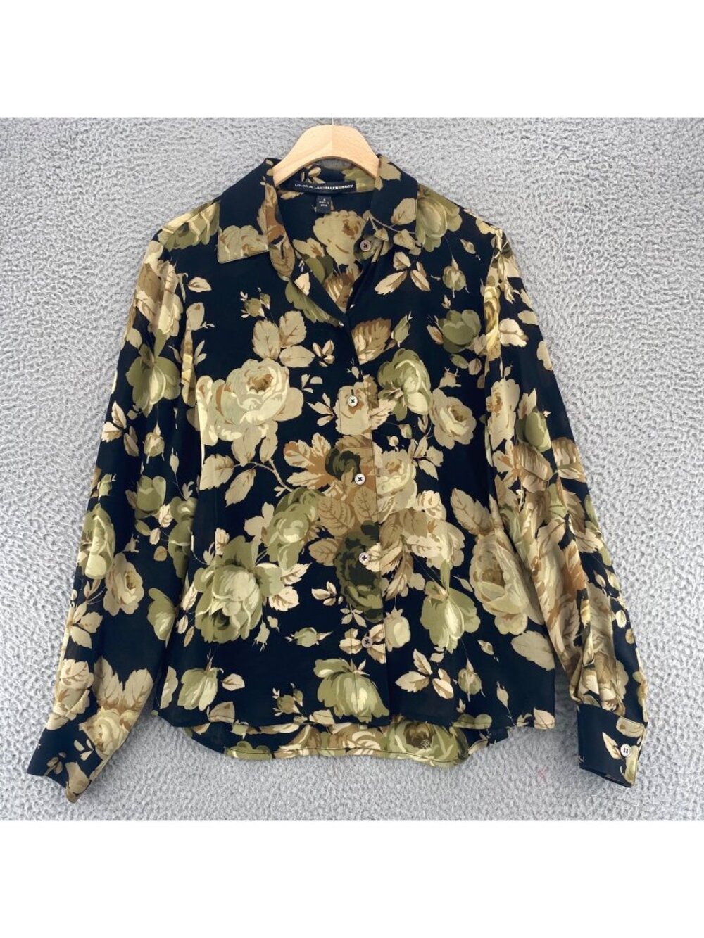 Linda Allard Ellen Tracy Shirt Womens 6 Beige Floral Silk Chiffon Long Sleeves